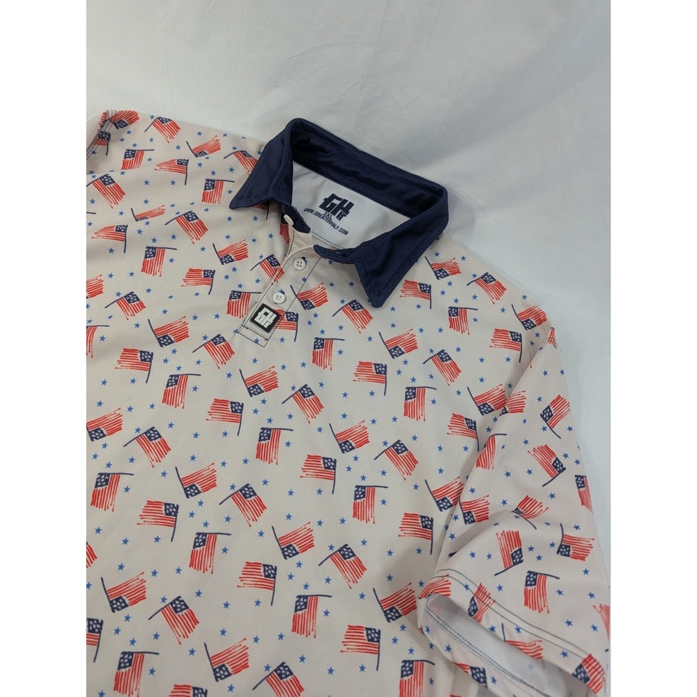 Greater Half Mens XXL White Polo USA Patriotic American Flag Golf All Over Print